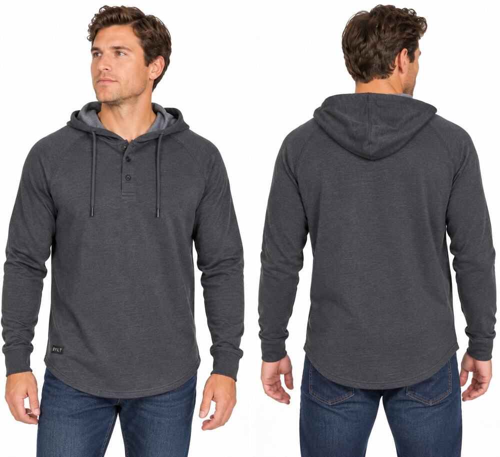 BYLT Basics Drop-Cut LUX Hooded Henley Men's XL Dark Gray Long Sleeve Hoodie